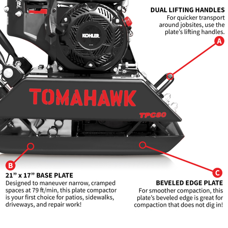 Tomahawk Power 6 HP Kohler Vibratory Plate Compactor Tamper TPC80 + TPC80-WHEELS + TPC80-POLYPAD